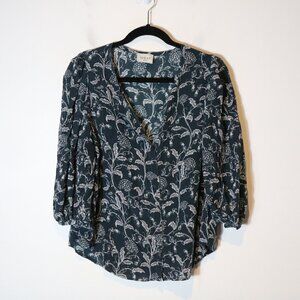 Wrap London 100% Silk Floral Button Front Blouse Womens 10 Blue Boho Peasant